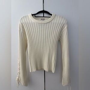 Ivory Ribbed Sweater with Lace Up sleeves